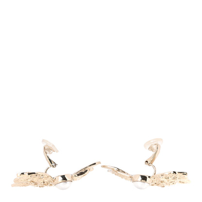 Chanel Metal Pearl Feather Clip On Earrings Gold 3 of 5
