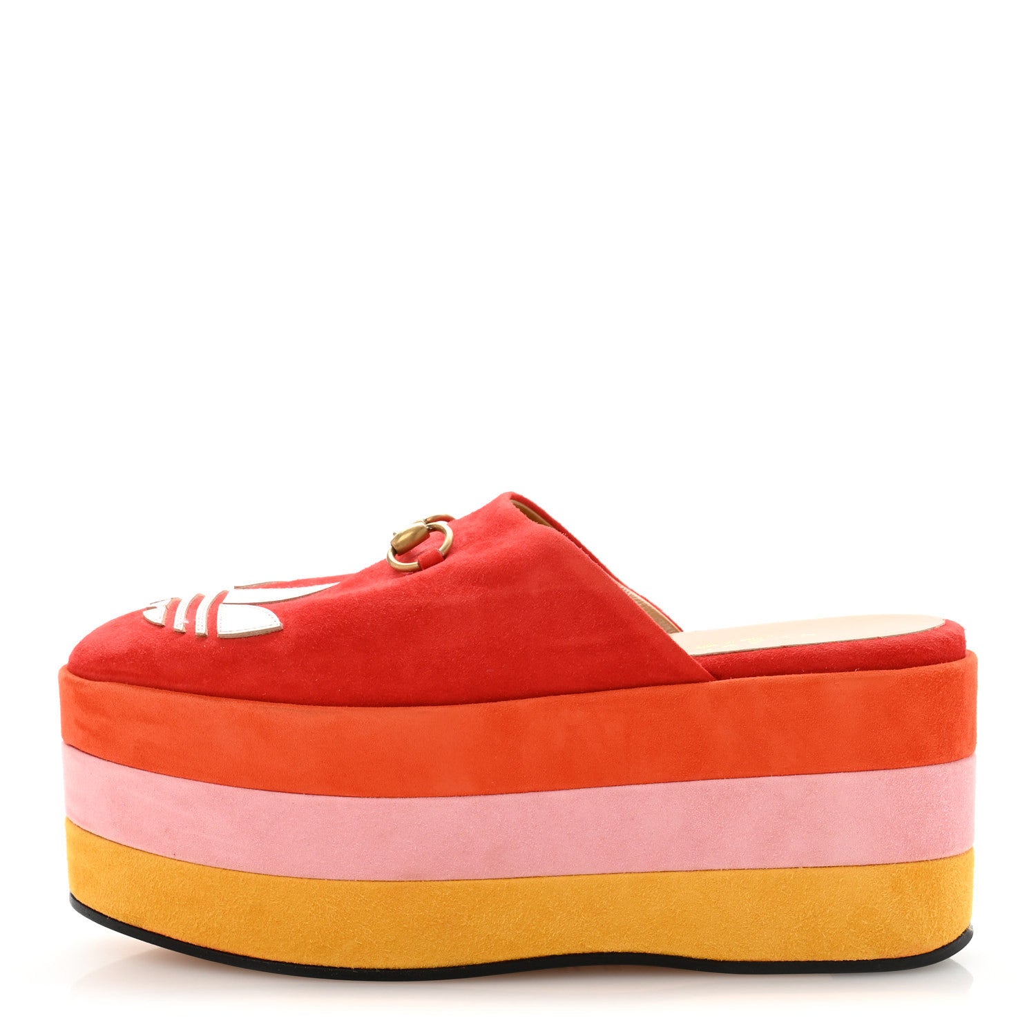 Gucci X ADIDAS Kid Scamosciato Quentin Goatskin Trefoil Embroidered Horsebit Platform Mules 36.5 Red Multicolor 1 of 9