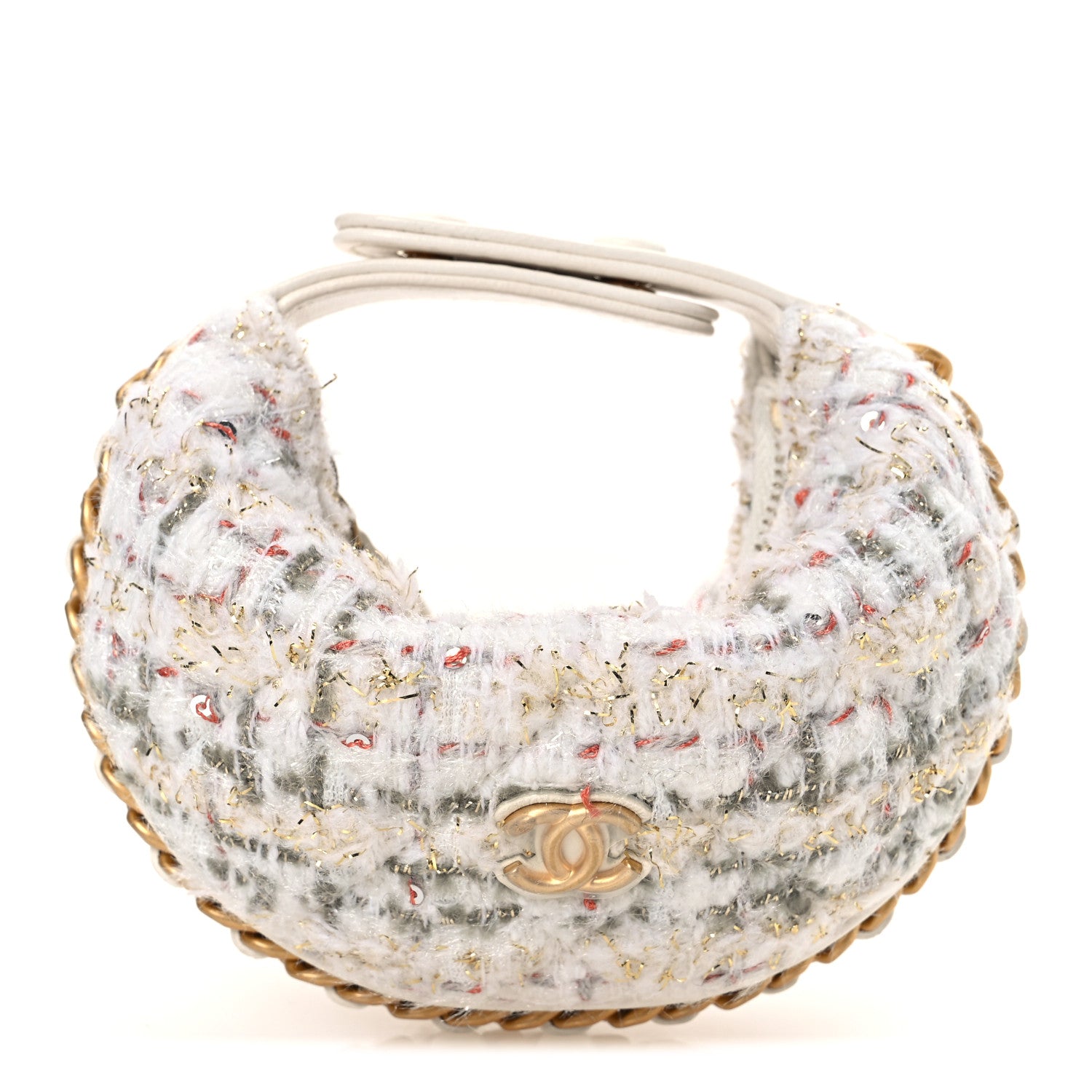 Chanel Wool Tweed Quilted Chain Around Mini Pouch Ecru Khaki Gold Red 1 of 12