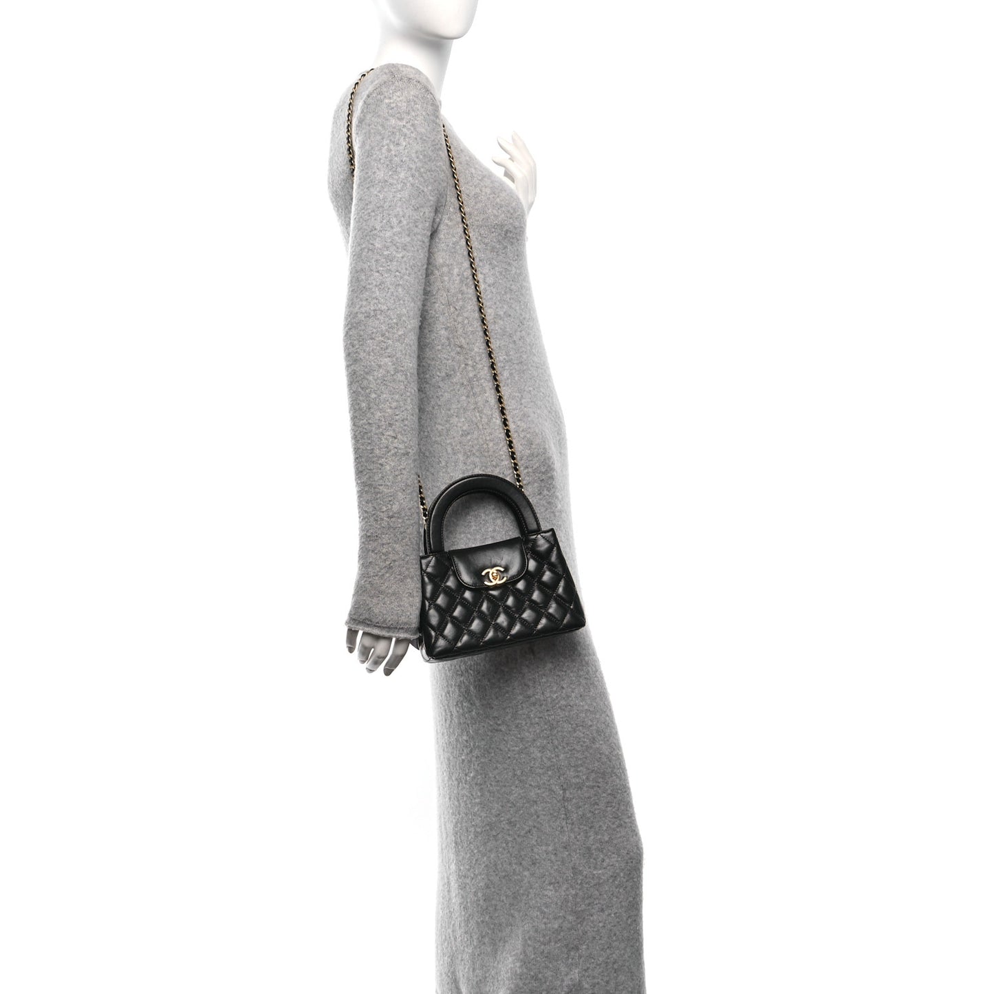 Shiny Aged Calfskin Quilted Nano Kelly Shopper Black