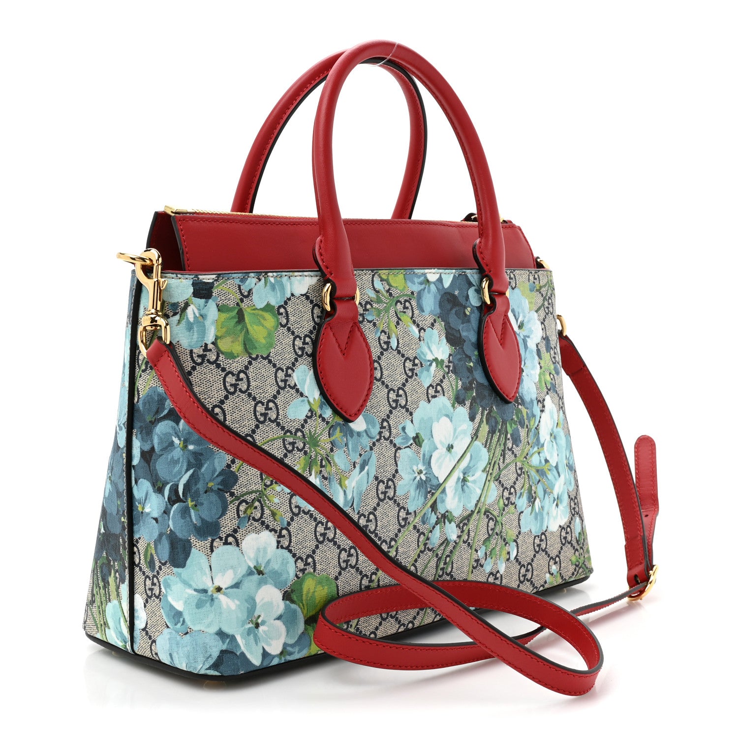 Gucci GG Supreme Monogram Blooms Medium Zip Top Tote Beige Blue Navy Hibiscus Red 2 of 11