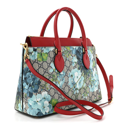 Gucci GG Supreme Monogram Blooms Medium Zip Top Tote Beige Blue Navy Hibiscus Red 2 of 11
