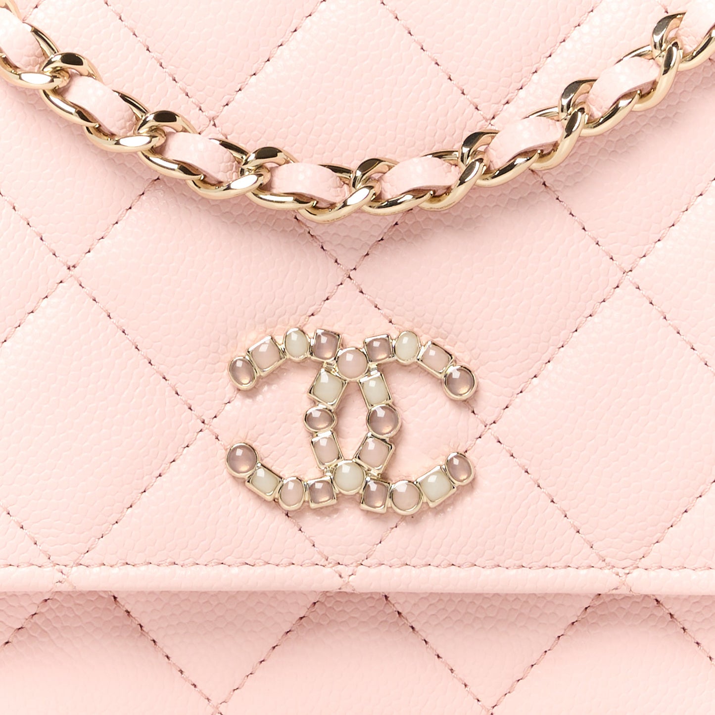 Shiny Caviar Enamel Quilted CC Wallet On Chain WOC Light Pink