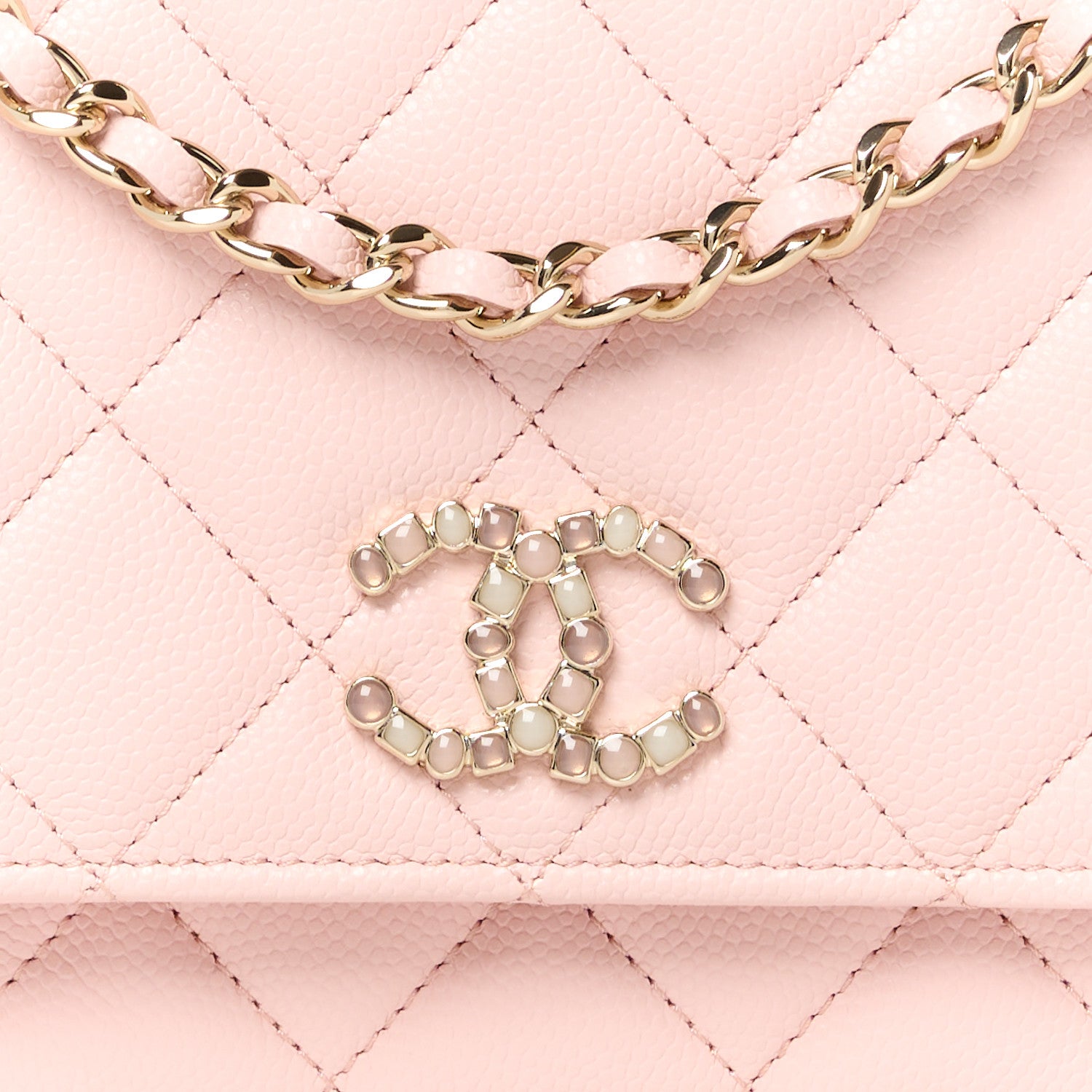 Chanel Shiny Caviar Enamel Quilted CC Wallet On Chain WOC Light Pink 9 of 12