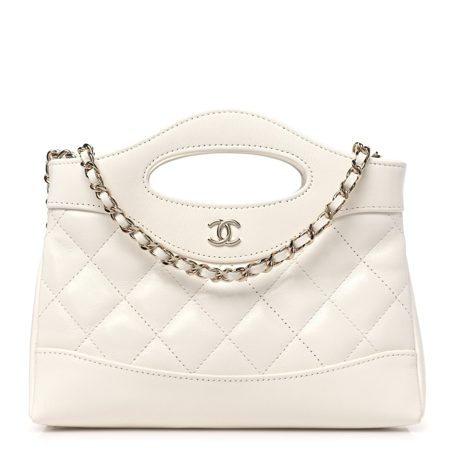 Shiny Crumpled Calfskin Quilted Nano 31 Shopping Bag White