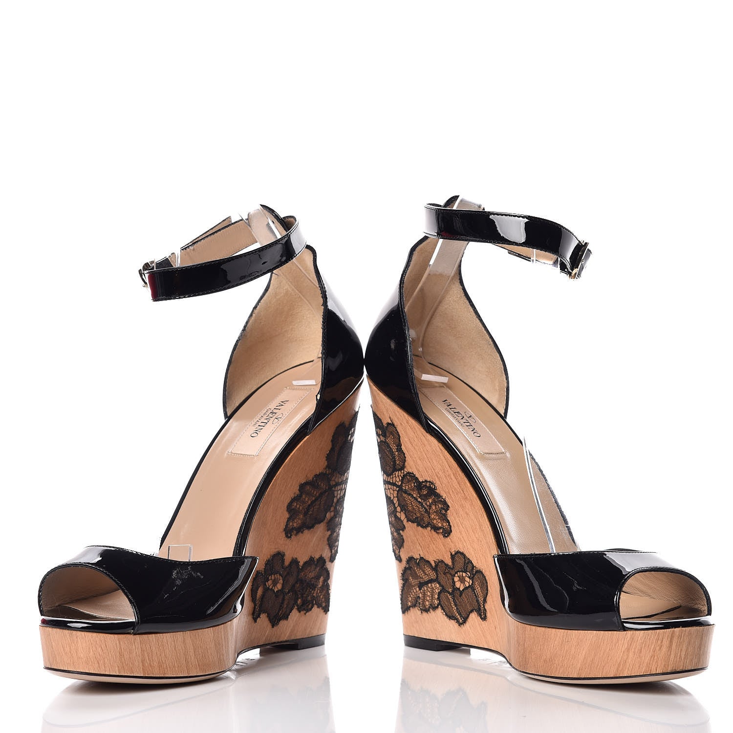 Valentino Garavani Calfskin Lace Applique Wood Wedge Sandals 39 Black 6 of 15