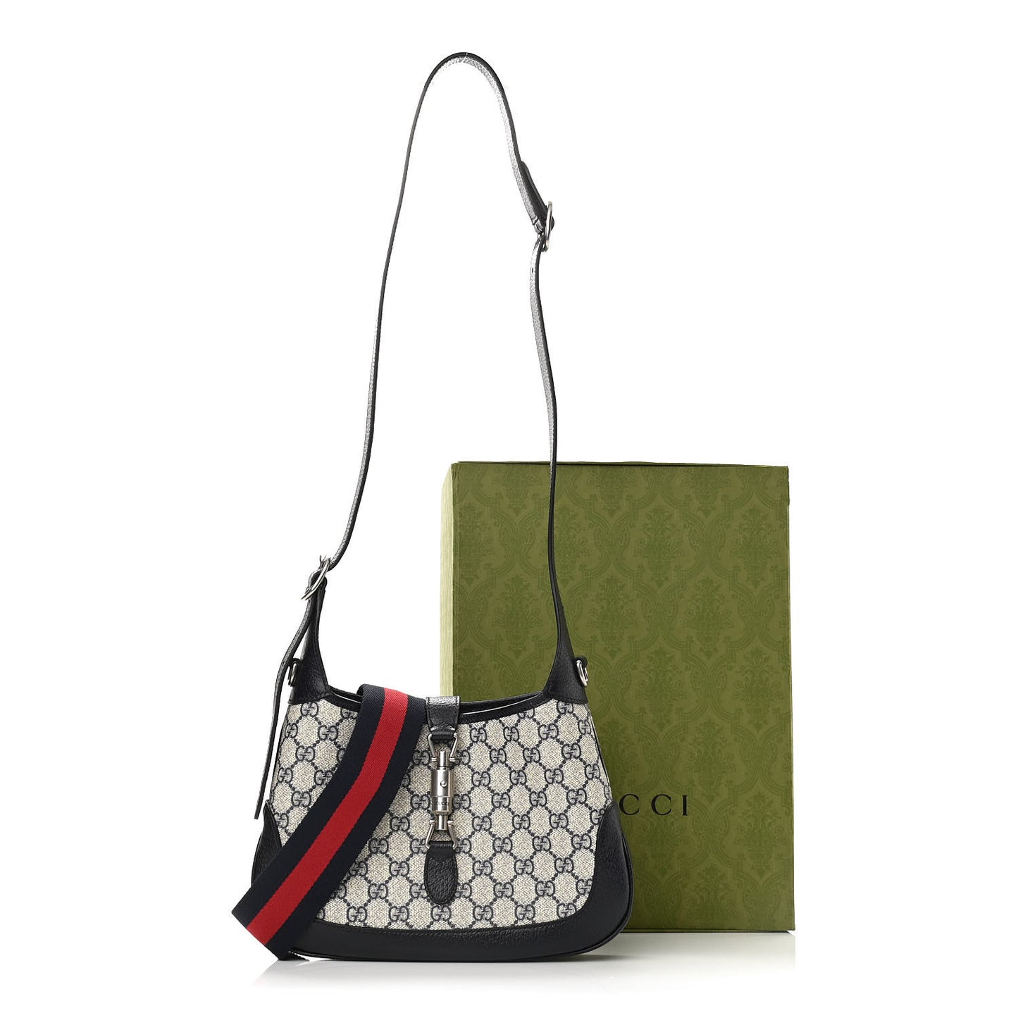 GG Supreme Monogram Textured Dollar Calfskin Web Small Jackie 1961 Hobo Beige Blue