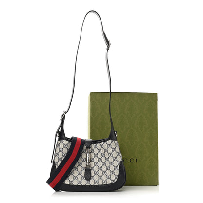 Gucci GG Supreme Monogram Textured Dollar Calfskin Web Small Jackie 1961 Hobo Beige Blue 10 of 10