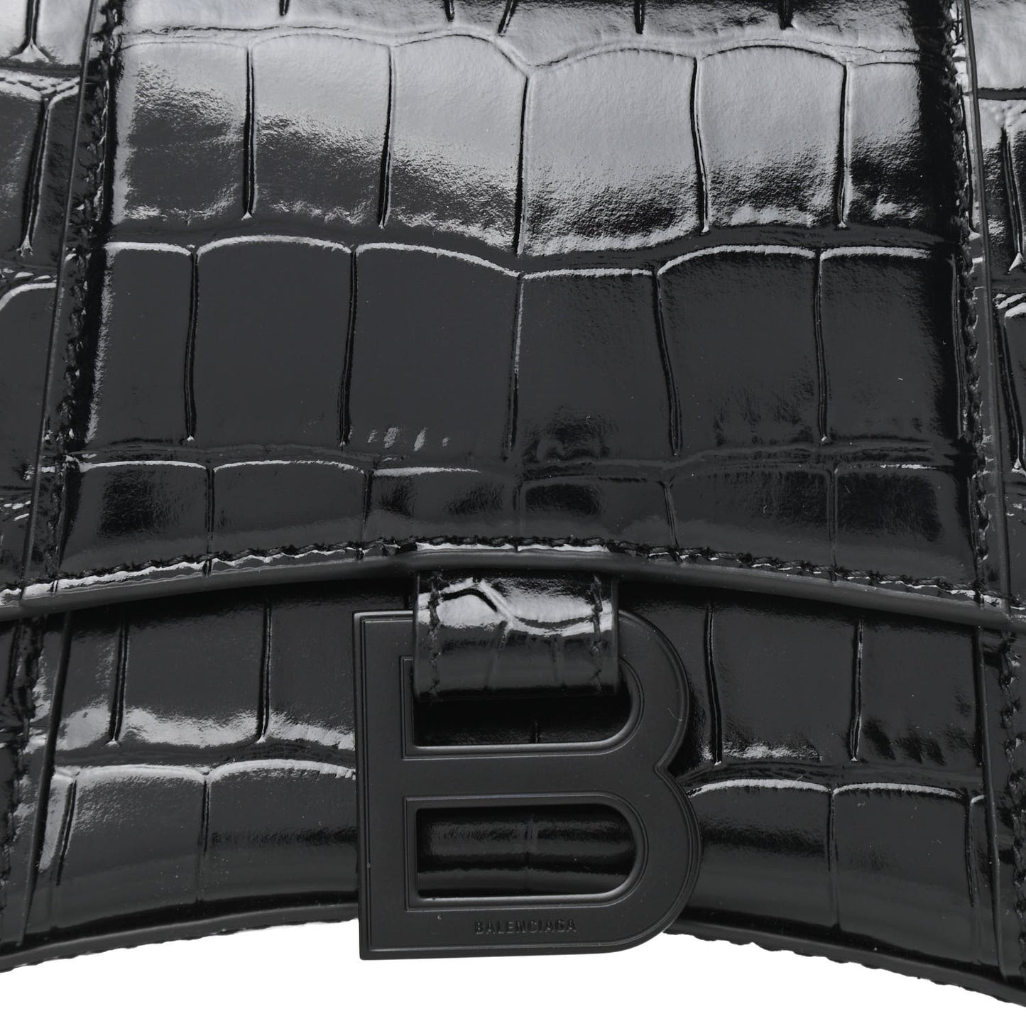 Shiny Calfskin Monochrome Crocodile Embossed Hourglass Top Handle Bag XS Black