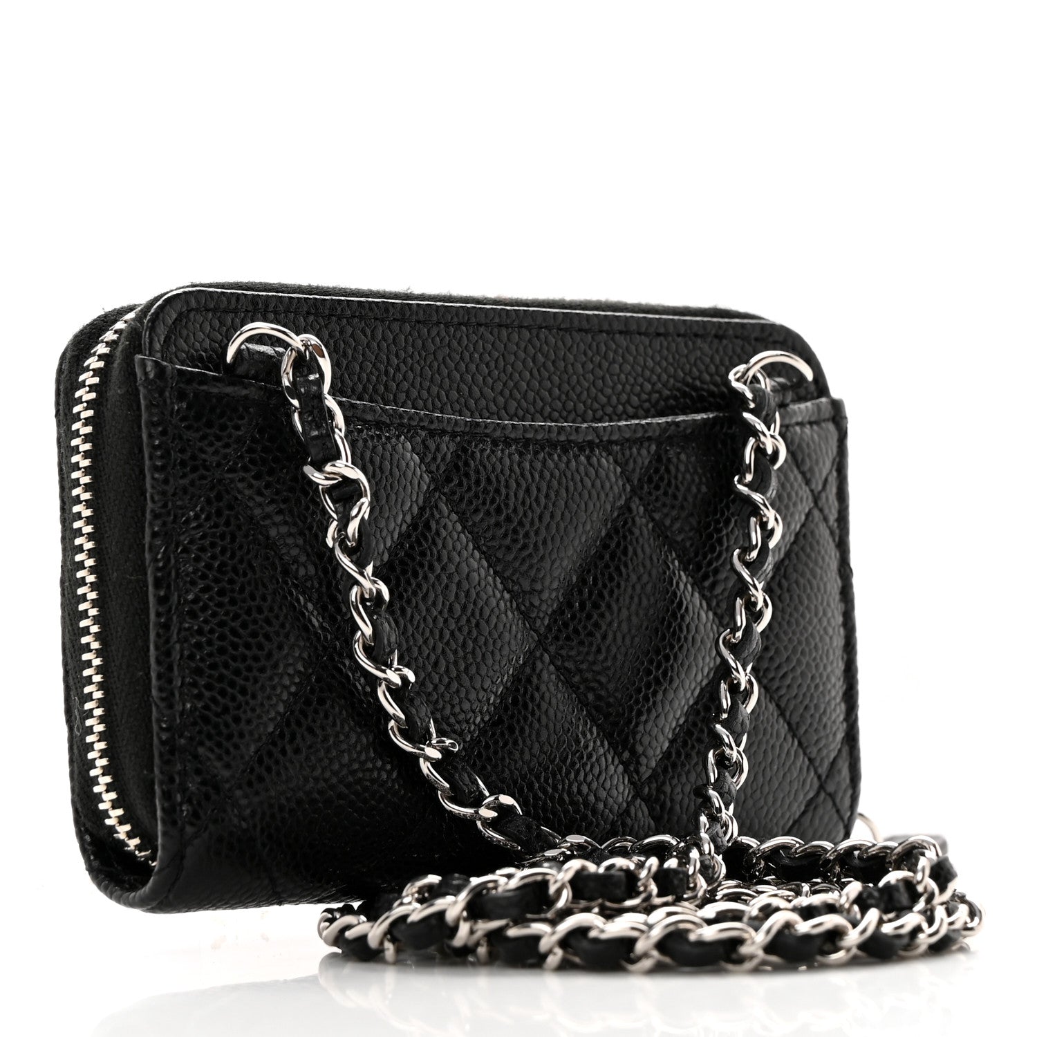 Chanel Caviar Quilted Zip Around Coin Purse Wallet On Chain Black 3 of 11