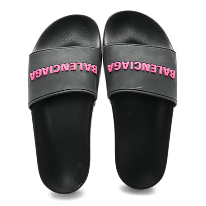 Balenciaga Rubber Womens Logo Pool Slide Sandals 39 Black Fuschia 2 of 9