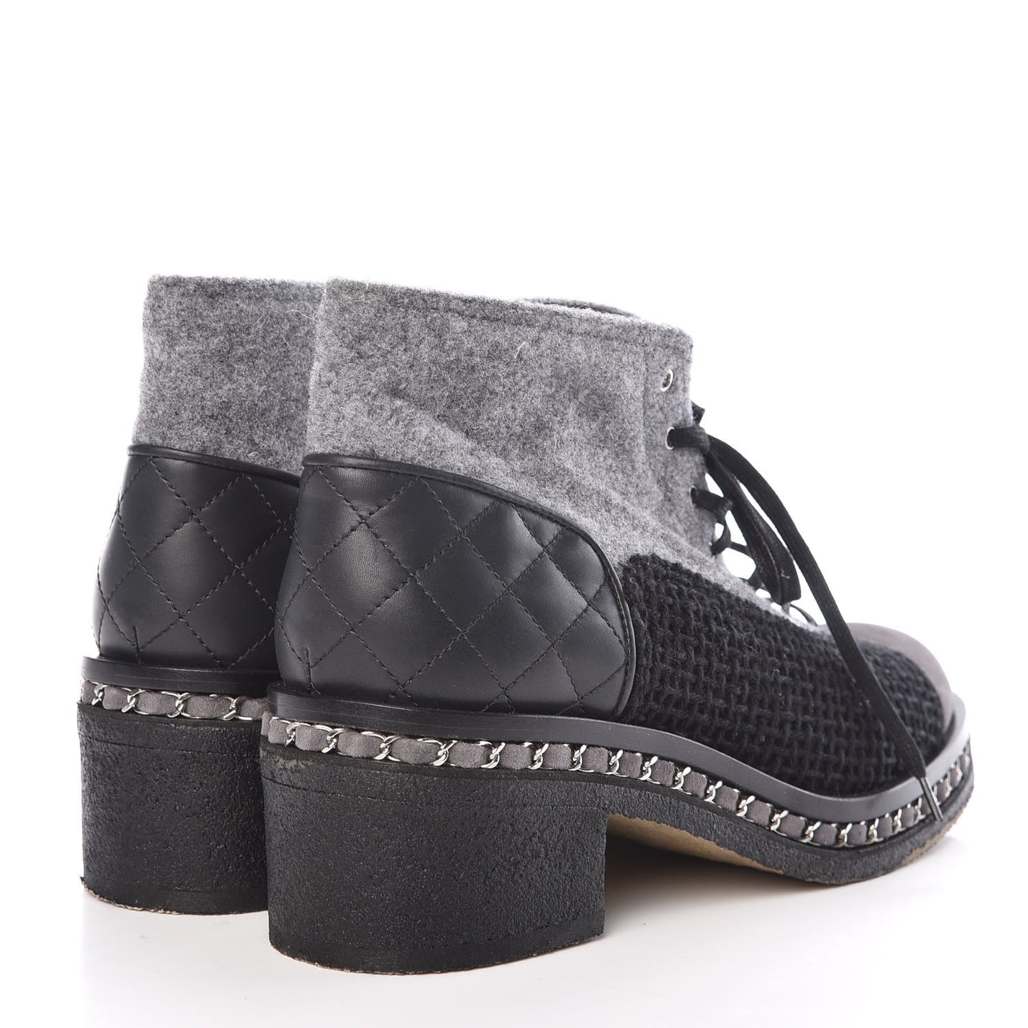 Wool Calfskin Tweed Lace Up Boots 42 Grey Black