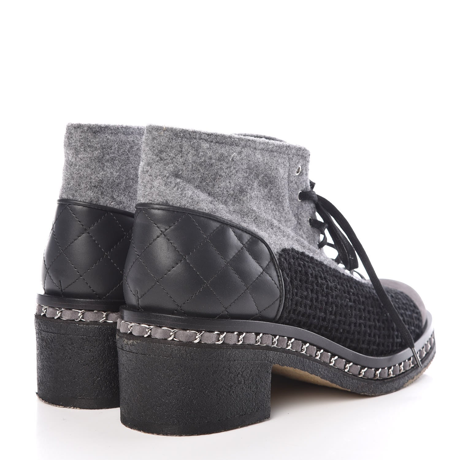 Chanel Wool Calfskin Tweed Lace Up Boots 42 Grey Black 4 of 15