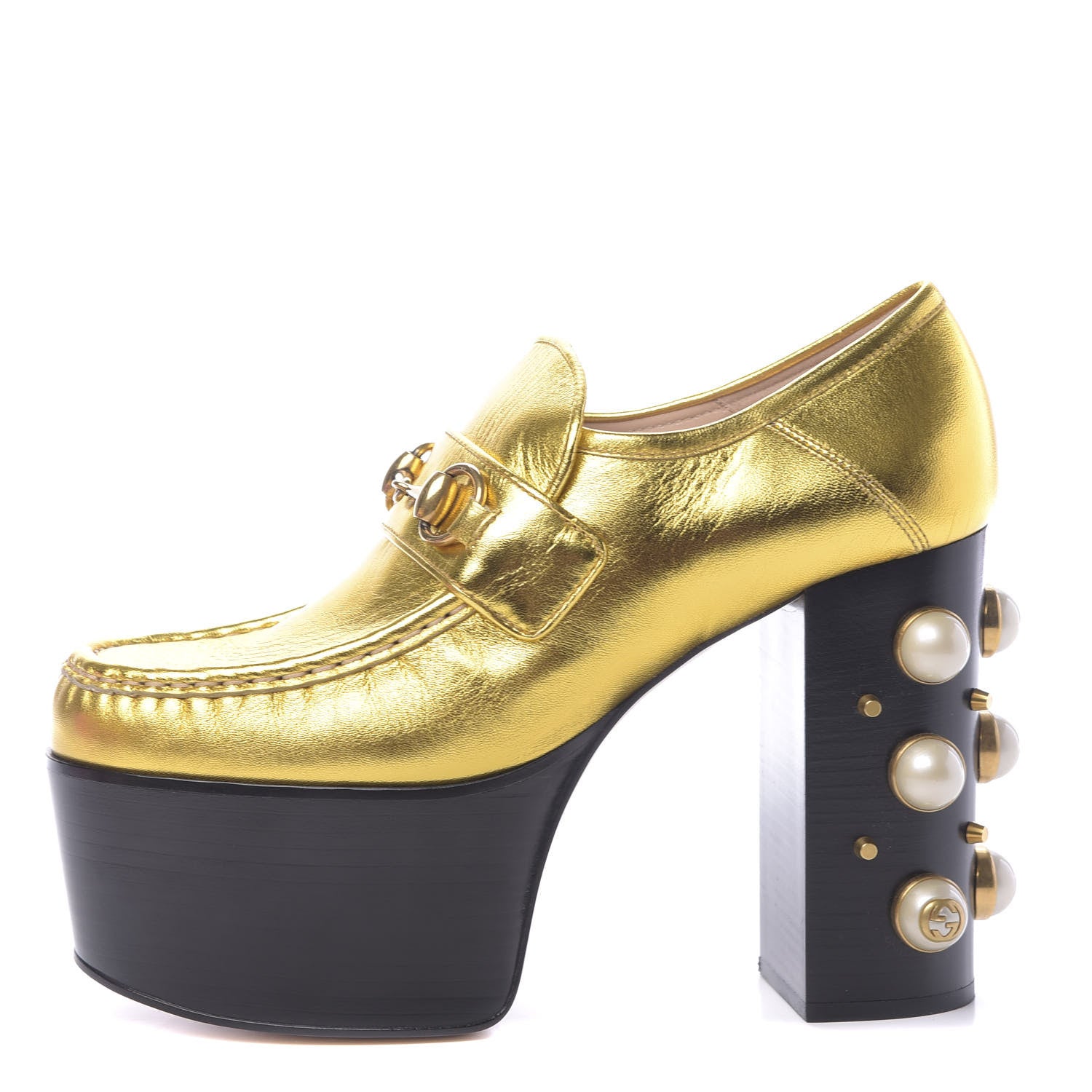 Gucci Malaga Kid Pearl Studded Vegas Platform Loafers 38.5 Gold 1 of 11