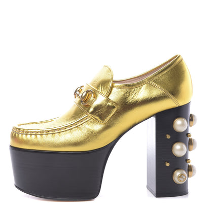 Gucci Malaga Kid Pearl Studded Vegas Platform Loafers 38.5 Gold 1 of 11