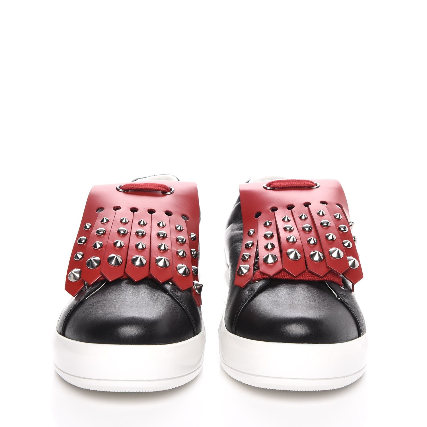 Prada Vitello Soft Studded Fringe Sneakers 37.5 Black Rosso 2 of 14