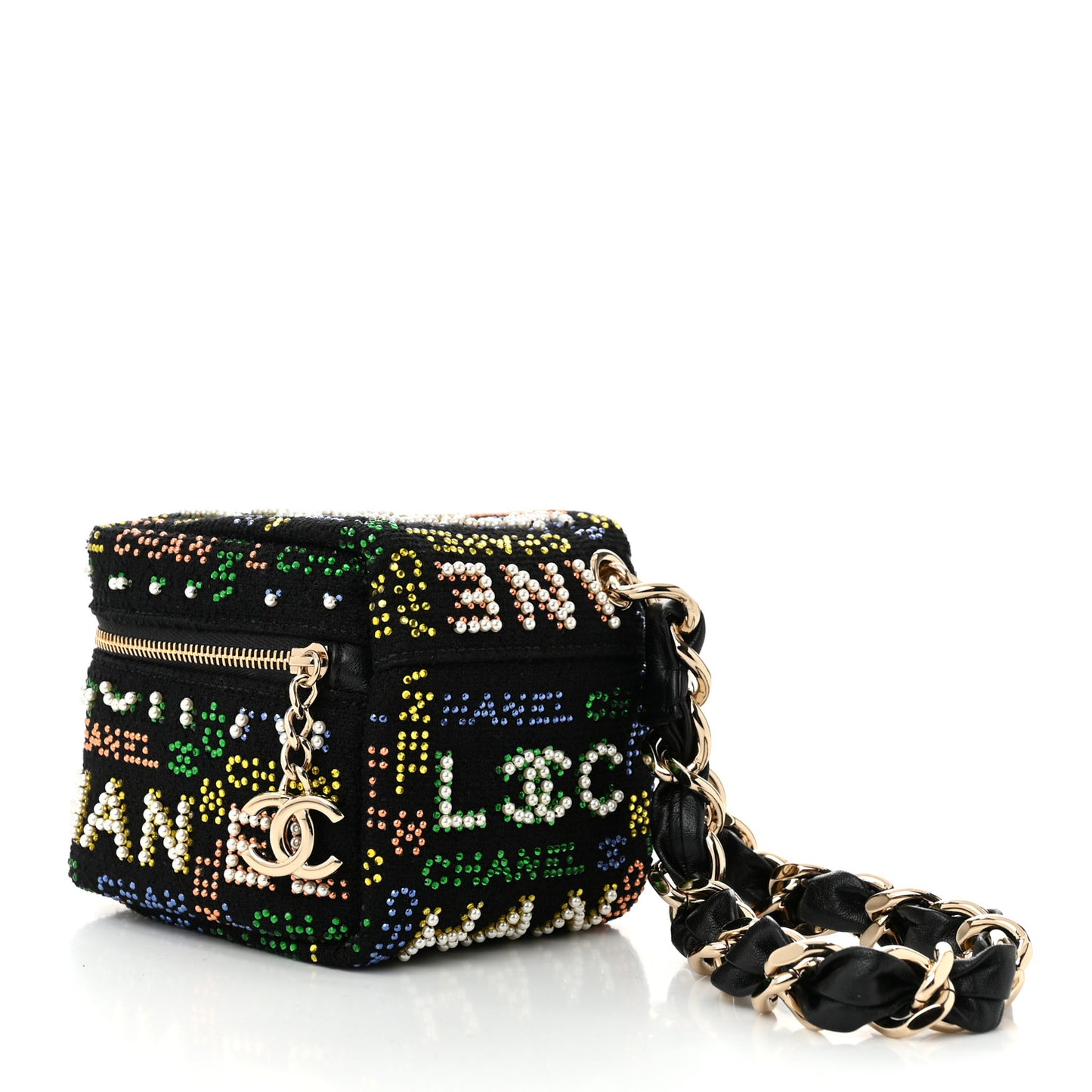 Tweed Pearl Studded Vanity Wrist Case With Chain Black Multicolor