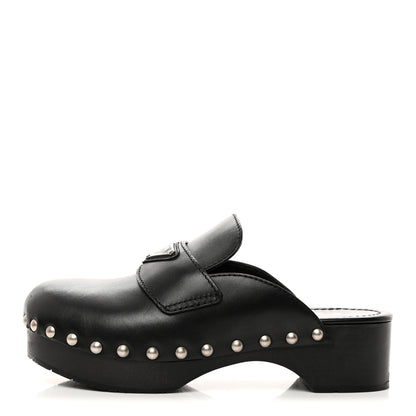 Prada Natural Calfskin Metal Triangle Logo 45mm Clogs Black 1 of 9