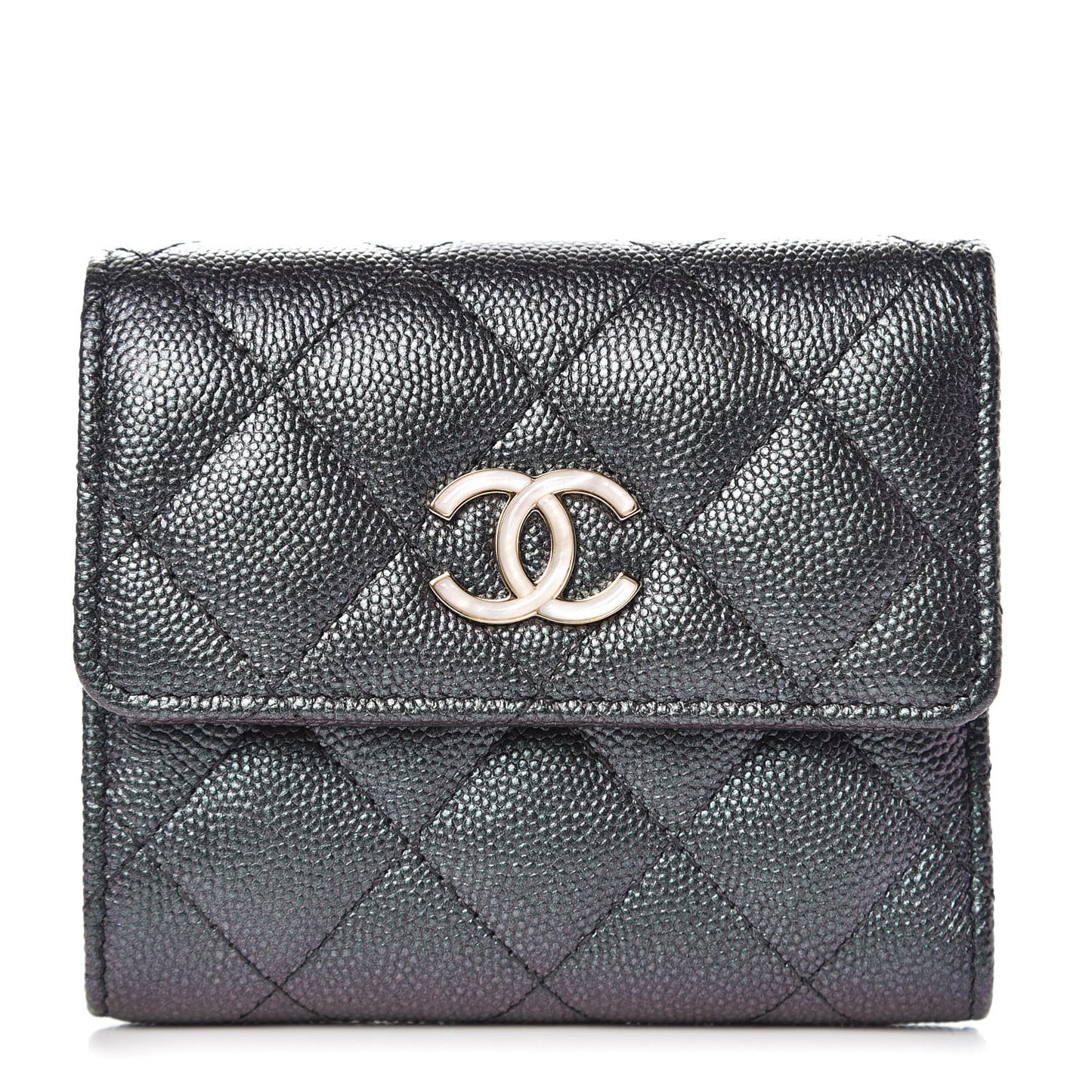 Iridescent Caviar Quilted Small Flap Wallet Black