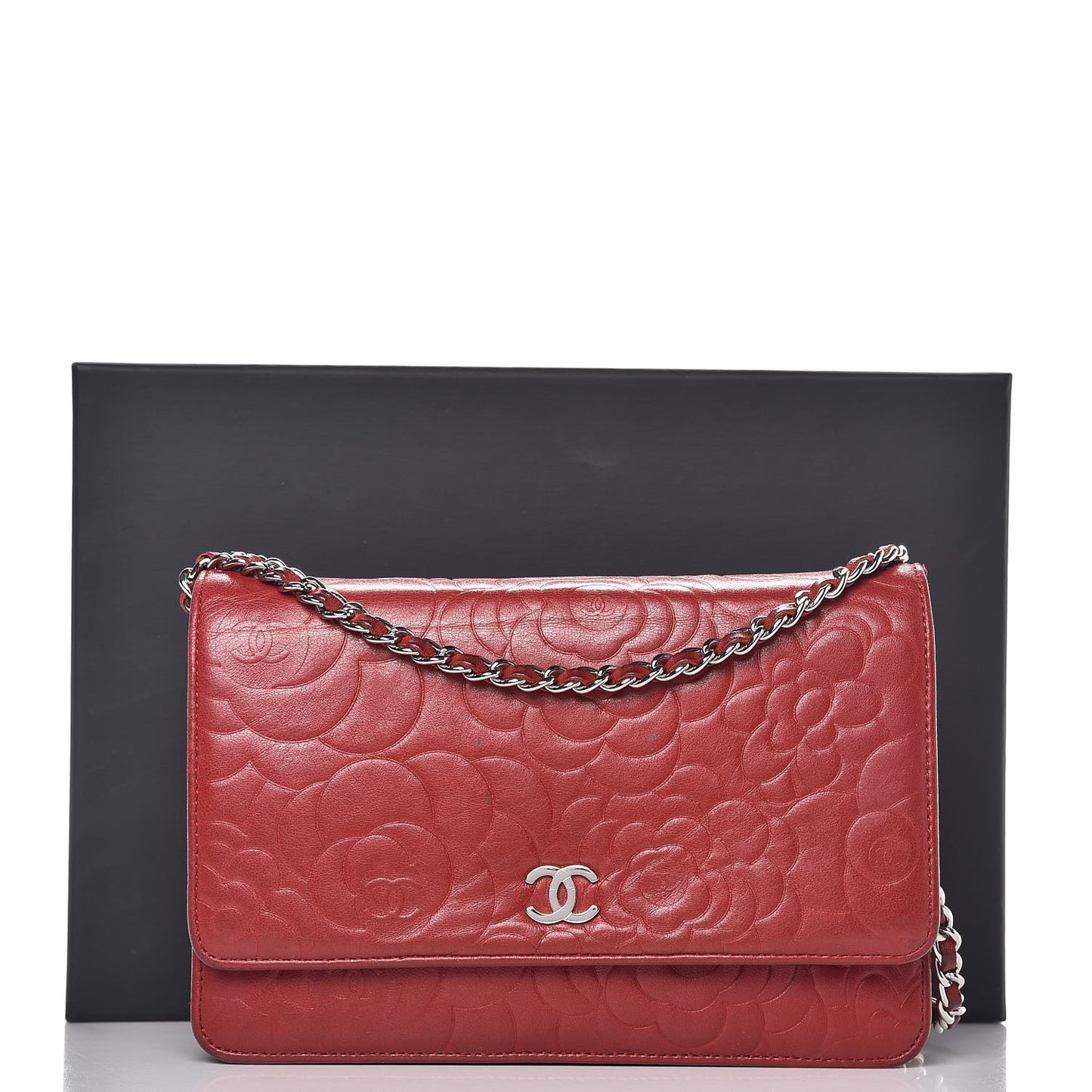Lambskin Camellia Embossed Wallet On Chain WOC Dark Red