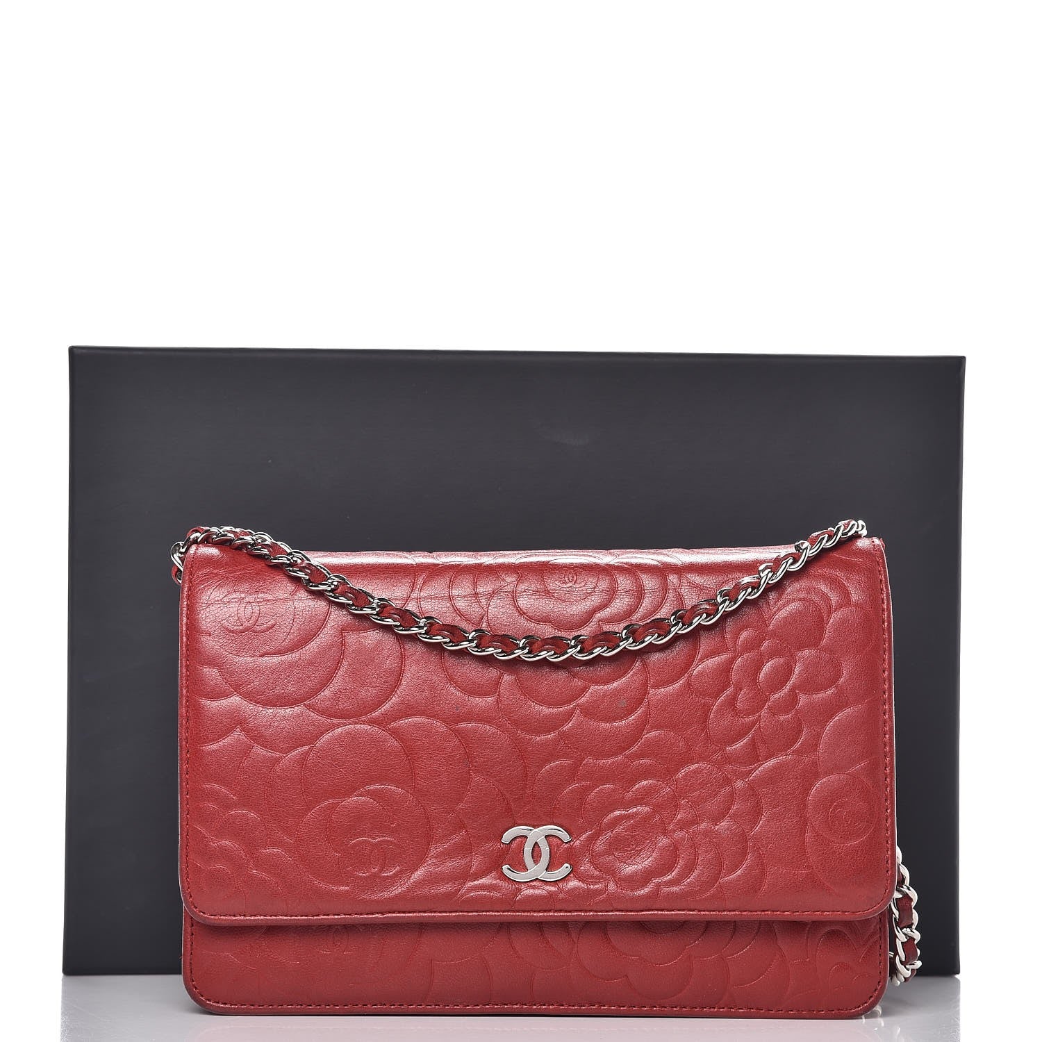 Chanel Lambskin Camellia Embossed Wallet On Chain WOC Dark Red 18 of 18