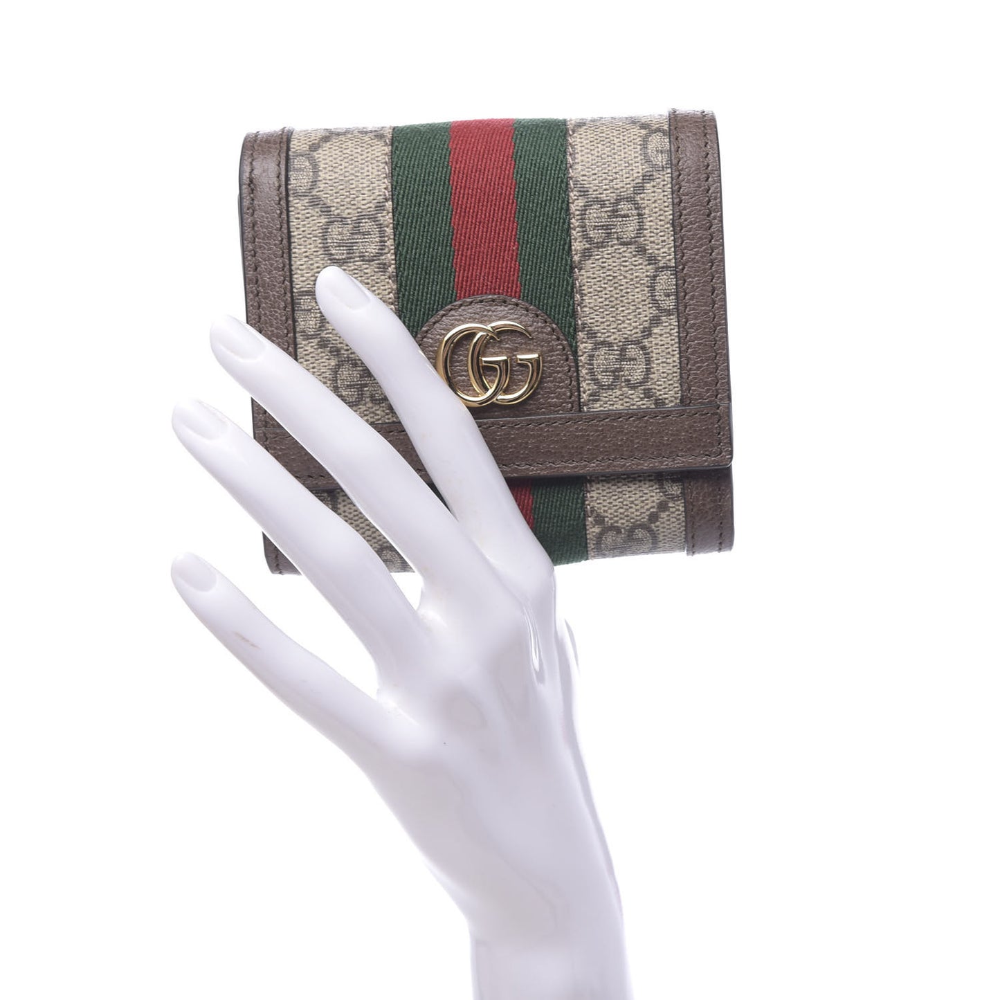 GG Supreme Monogram Textured Calfskin Web Ophidia Card Case Wallet Beige Ebony New Acero