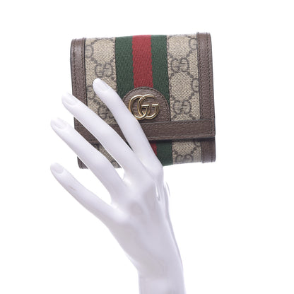 Gucci GG Supreme Monogram Textured Calfskin Web Ophidia Card Case Wallet Beige Ebony New Acero 2 of 7