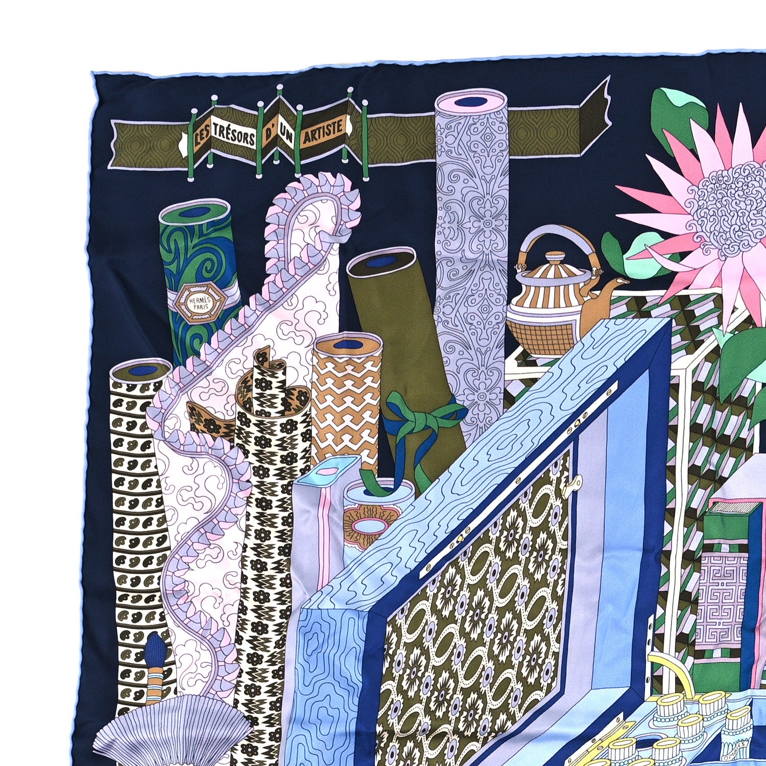 Hermes Silk Les Tresors D Un Artiste Scarf 90 Marine Ciel Rose 2 of 3