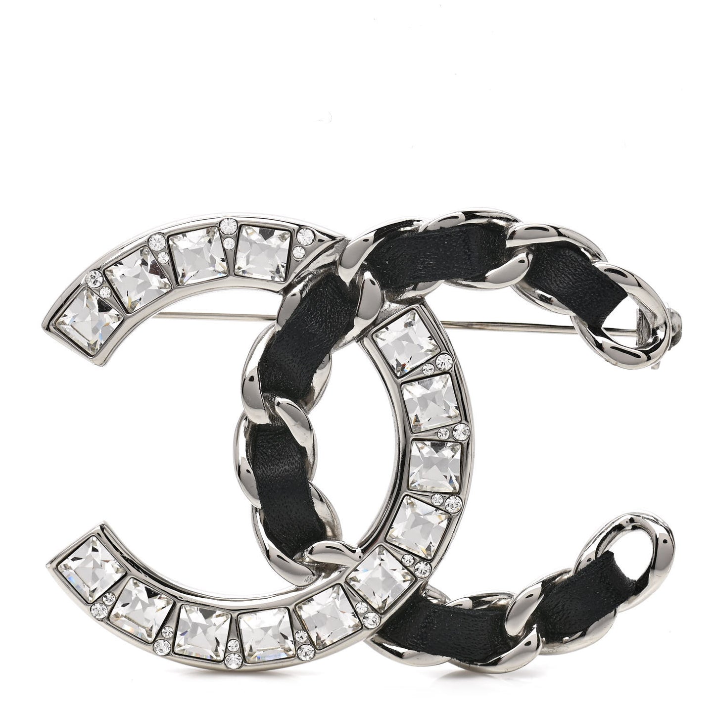 Lambskin Baguette Crystal CC Chain Brooch Black Silver