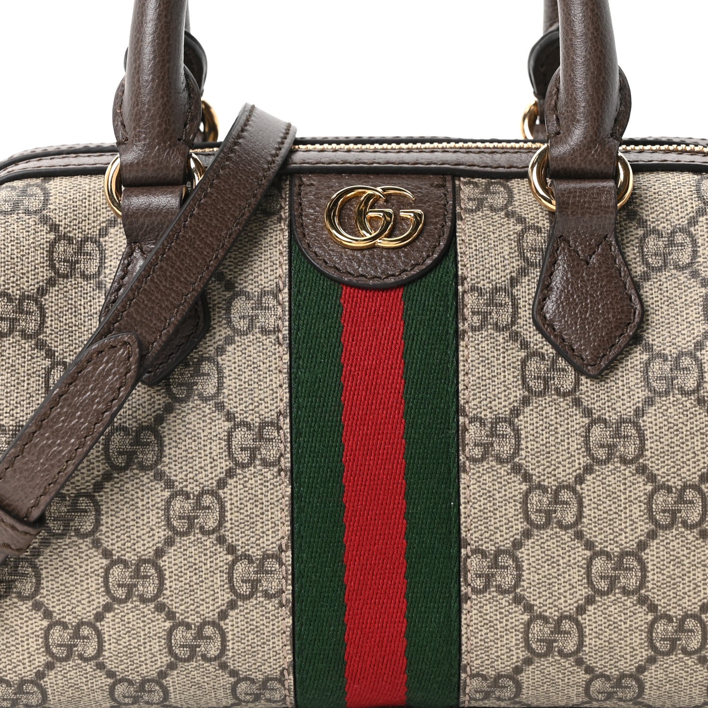 GG Supreme Monogram Textured Dollar Calfskin Web Mini Ophidia Top Handle Bag Beige Ebony New Acero