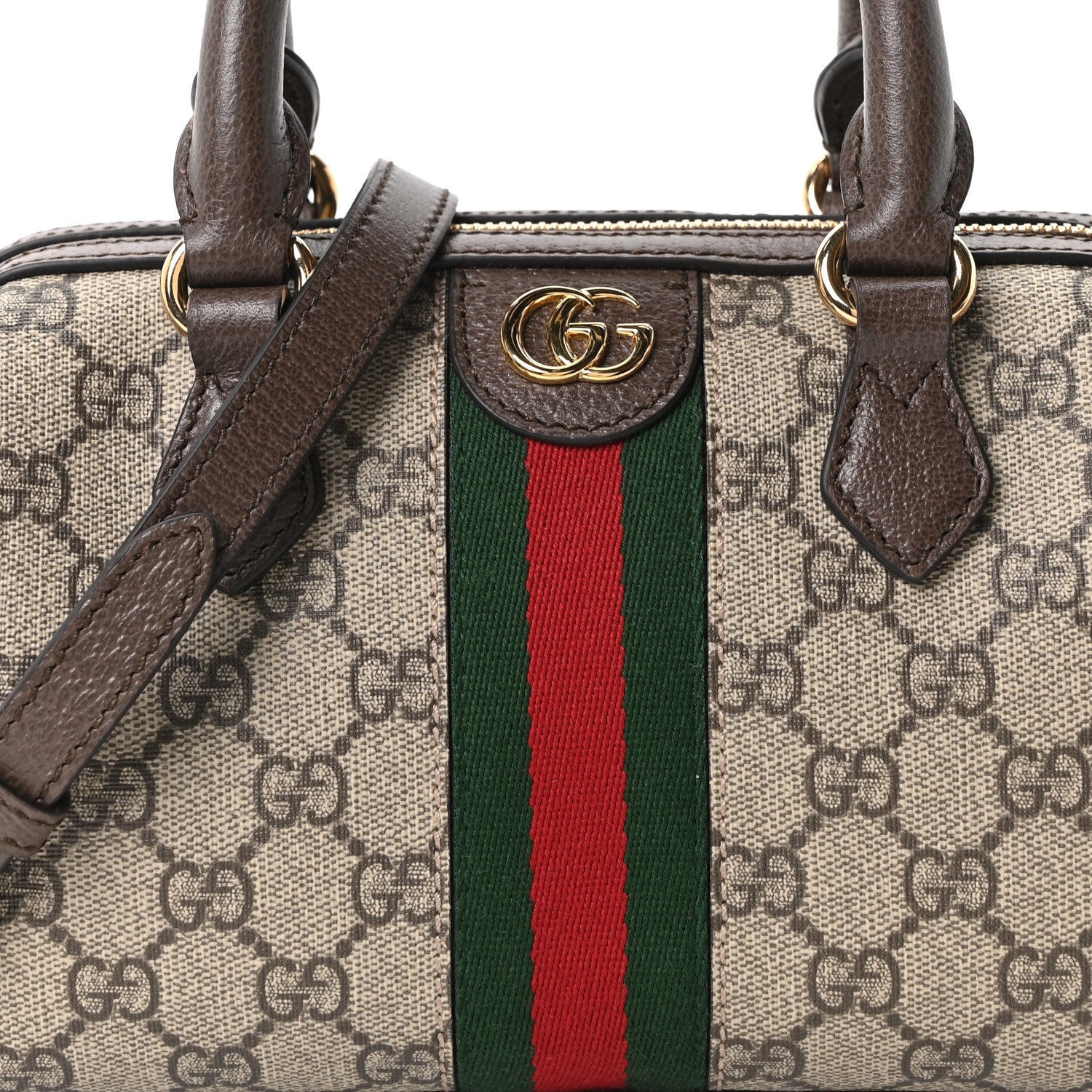Gucci GG Supreme Monogram Textured Dollar Calfskin Web Mini Ophidia Top Handle Bag Beige Ebony New Acero 8 of 11