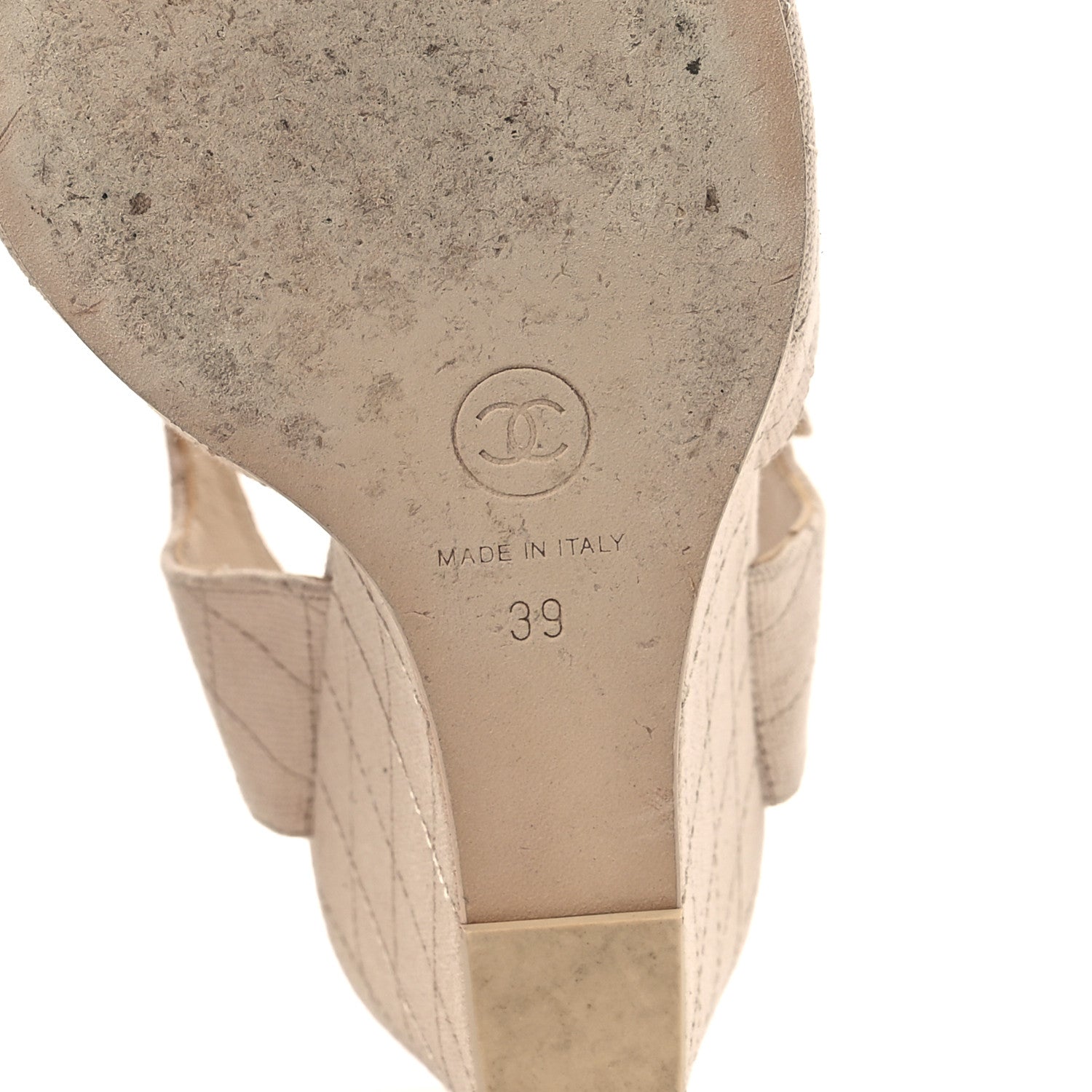 Chanel Canvas Quilted Peep Toe Wedge Sandals 39 Beige 8 of 12