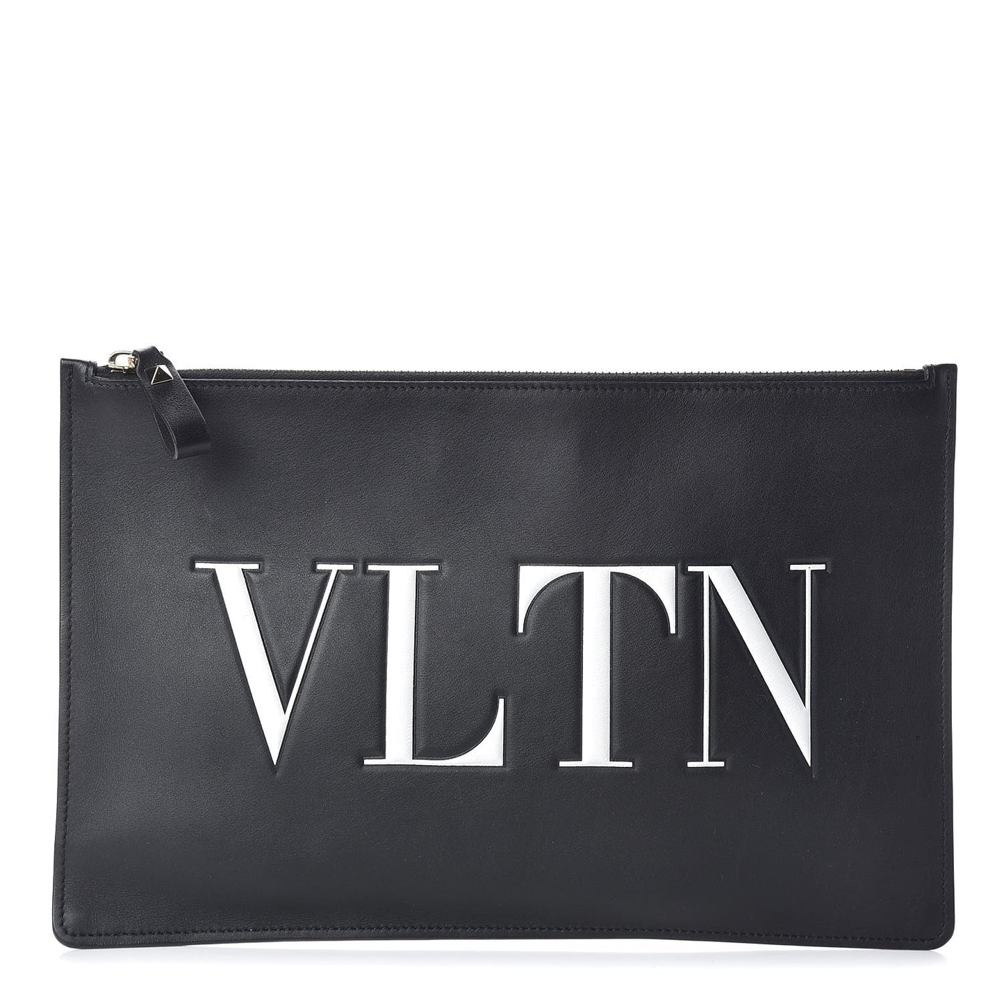 Calfskin VLTN Large Flat Zip Pouch Black