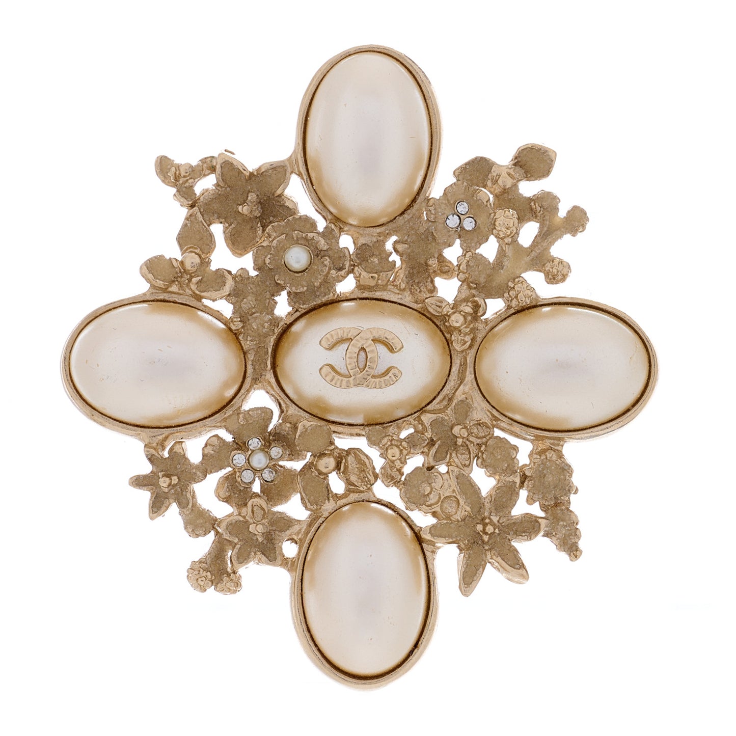 Crystal Mother of Pearl CC Flower Brooch Gold