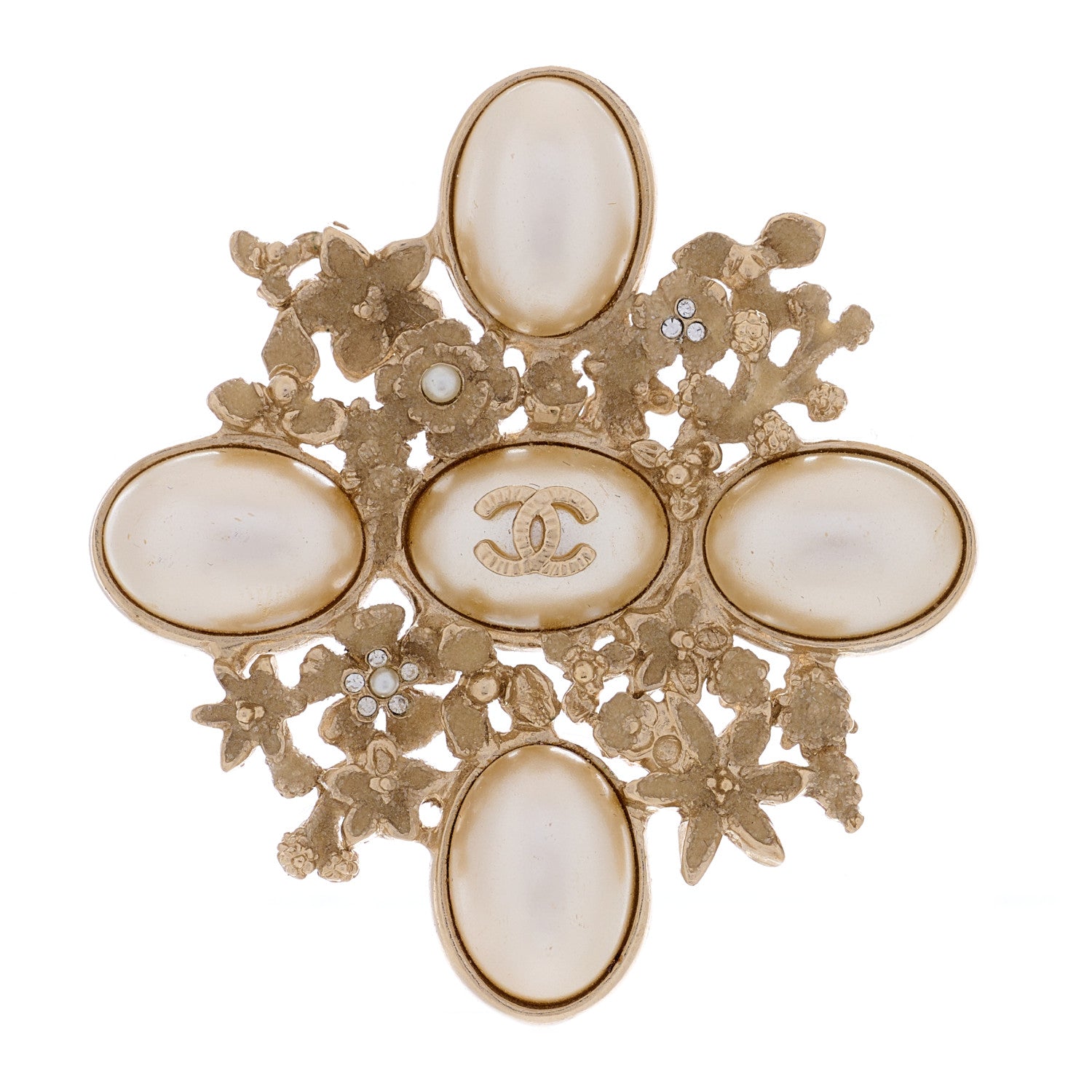 Chanel Crystal Mother of Pearl CC Flower Brooch Gold 1 of 4