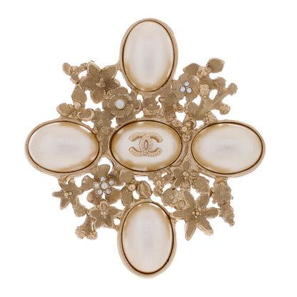 Chanel Crystal Mother of Pearl CC Flower Brooch Gold 1 of 4