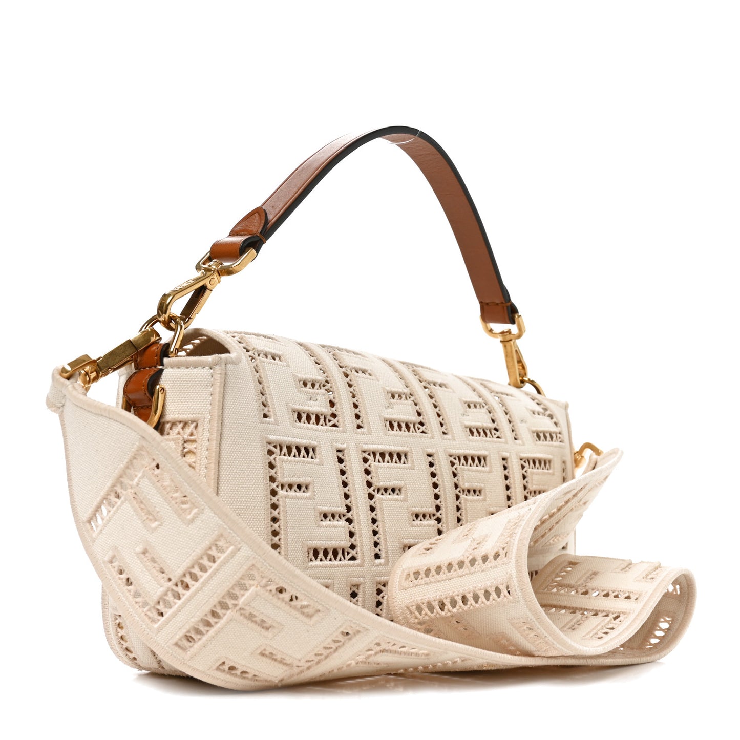Canvas Cuoio Agata FF Ajour Embroidered Baguette Grezzo Cuoio