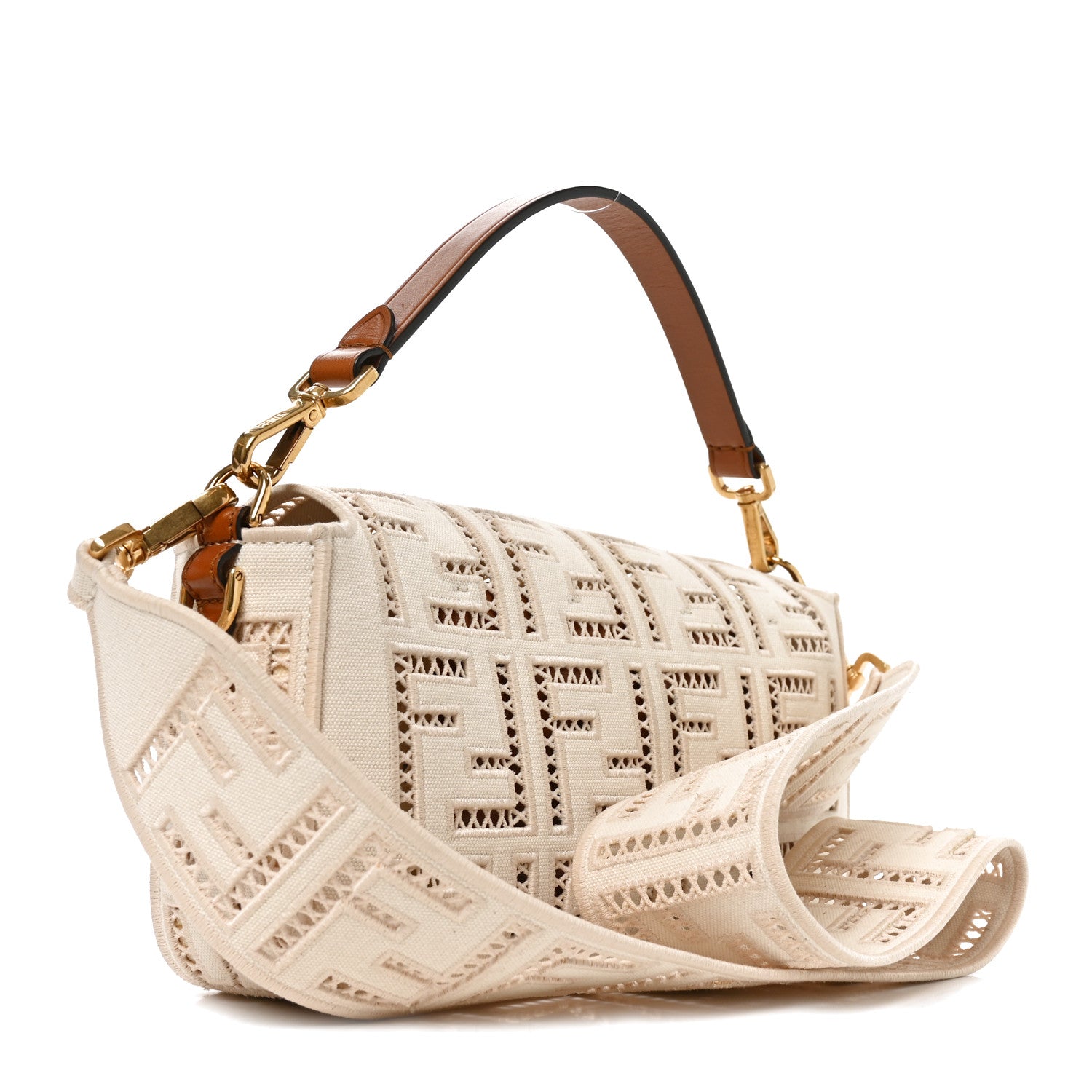 Fendi Canvas Cuoio Agata FF Ajour Embroidered Baguette Grezzo Cuoio 3 of 10