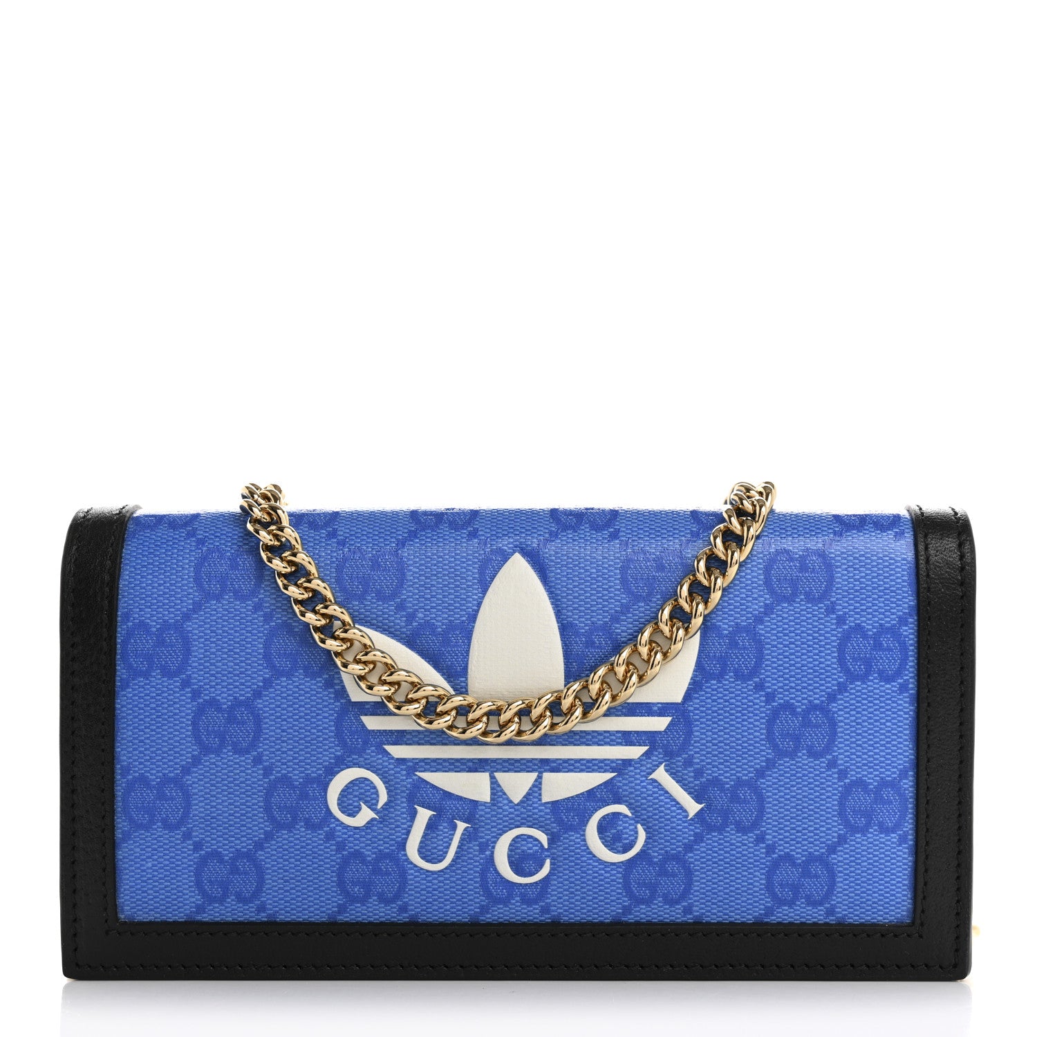 Gucci X ADIDAS Monogram Textured Dollar Calfskin Trefoil Embossed Wallet On Chain Blue 1 of 11