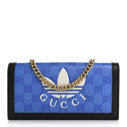 Gucci X ADIDAS Monogram Textured Dollar Calfskin Trefoil Embossed Wallet On Chain Blue 1 of 11