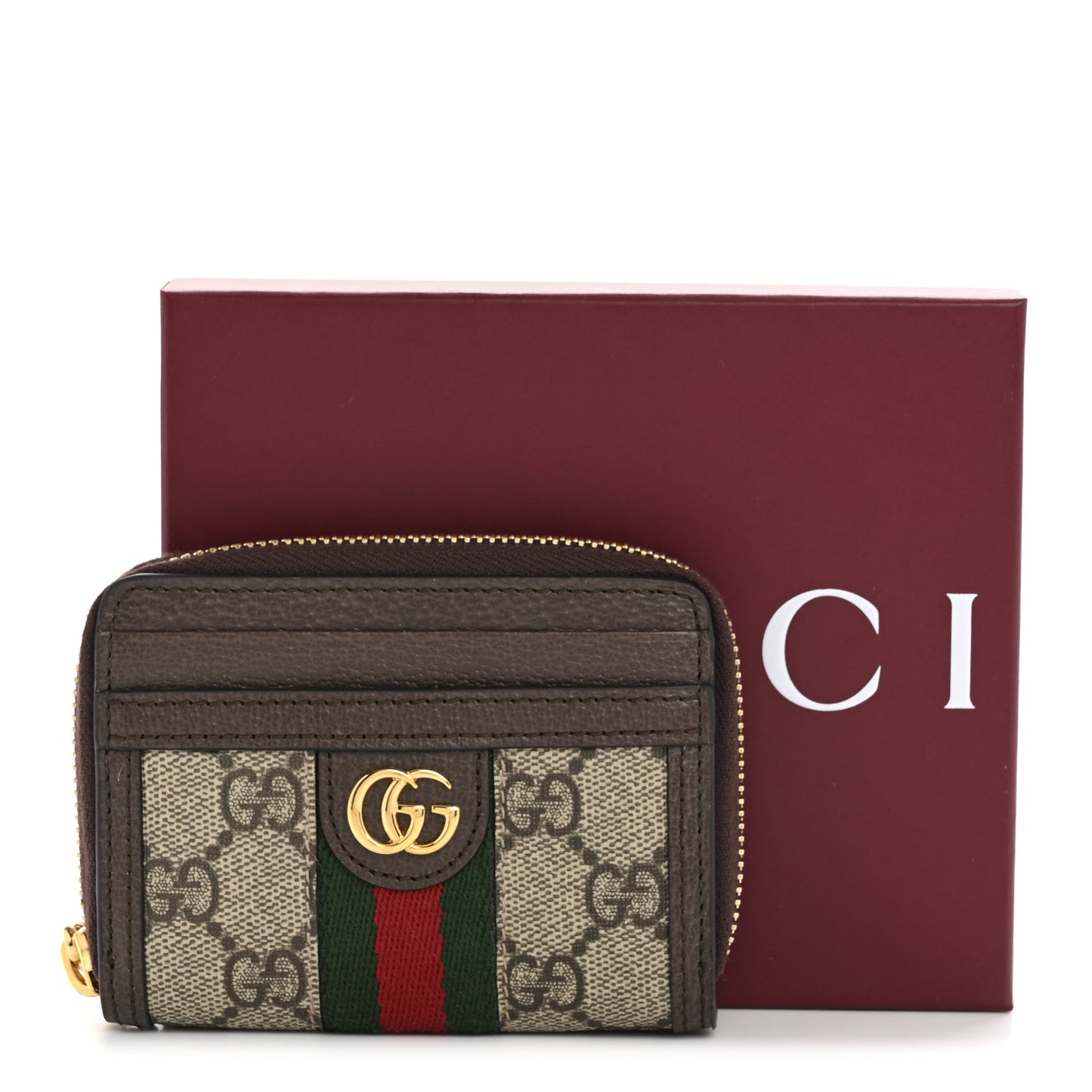 GG Supreme Monogram Textured Dollar Calfskin Web Ophidia Zip Around Card Case Wallet Beige Ebony New Acero