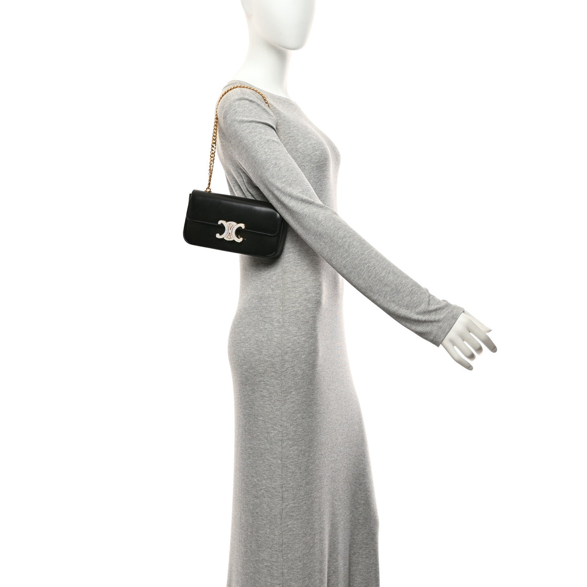 Celine Shiny Calfskin Triomphe Crystals Chain Shoulder Bag Black 2 of 12