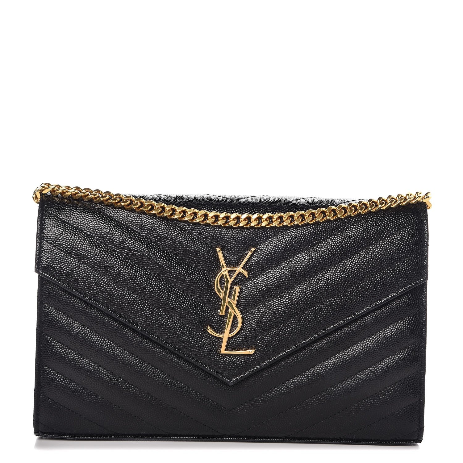 Saint Laurent Grain De Poudre Matelasse Chevron Monogram Chain Wallet Black 1 of 8