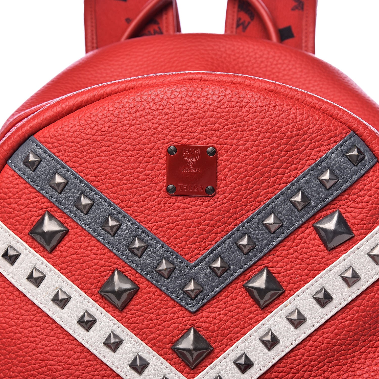 MCM Calfskin Studded Small Logo Backpack Red 11 of 11