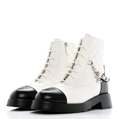Chanel Caviar Calfskin Quilted Chain Lace Up Combat Boots 40 White Black 3 of 13