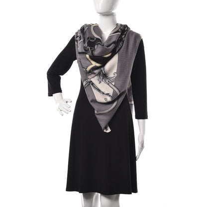 Hermes Cashmere Silk L Instruction Du Roy Shawl 140 Gris Acier White Black 2 of 6