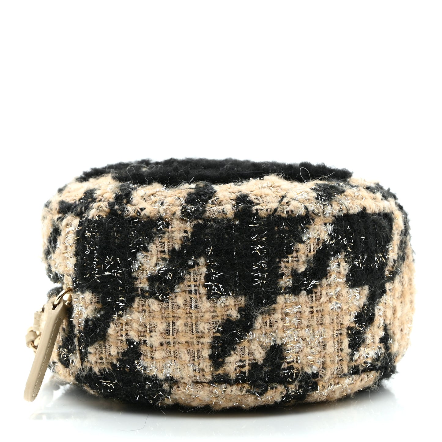 Tweed Shearling Quilted Round Clutch With Chain and Coin Purse Beige Black