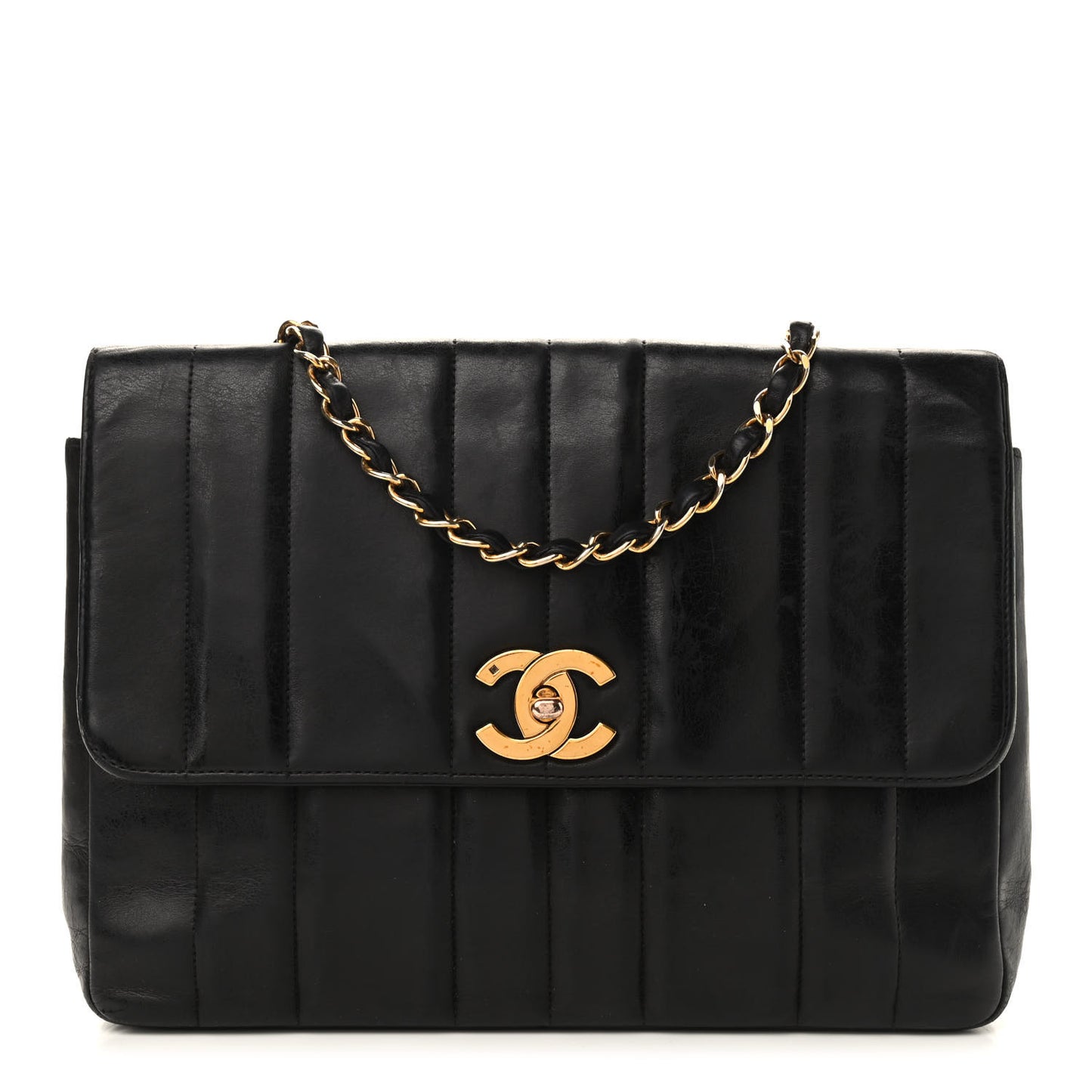 Lambskin Vertical Quilted Medium Single Flap Black
