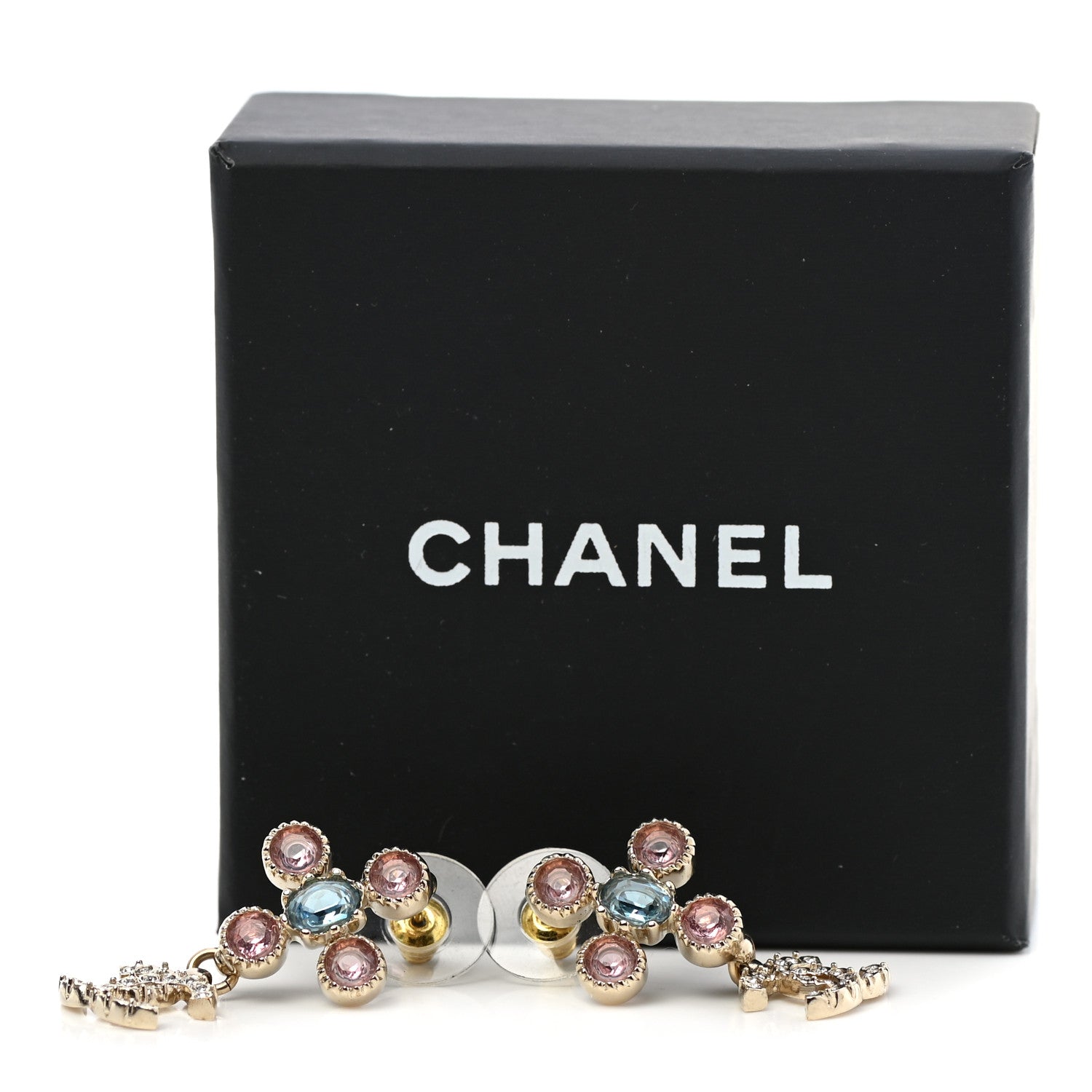 Chanel Crystal CC Drop Earrings Pink Blue Gold 5 of 5