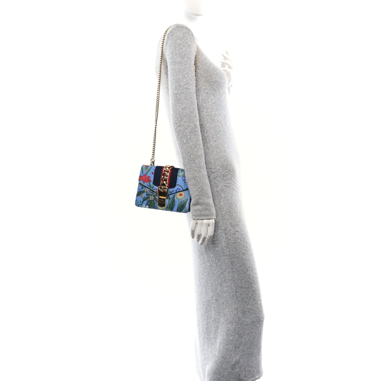 Gucci Shangai Calfskin Web New Flora Mini Sylvie Chain Shoulder Bag Azure 2 of 10